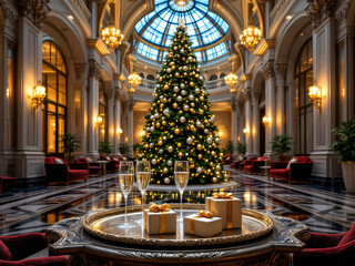Obraz premium Luxurious hotel lobby with grand Christmas tree and festive decorations