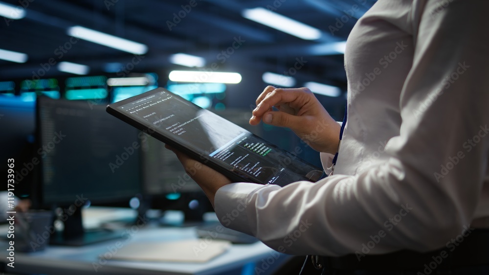 Poster engineer working in data center used for managing infrastructure rigs energy consumption. employee u