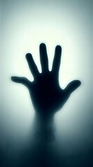 Silhouetted Hand Pressed Against Frosted Glass Creates a Mysterious and Ominous Atmosphere