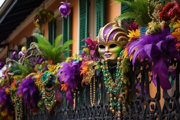 Colorful mardi gras mask and beads hanging on a balcony in the french quarter of new orleans, louisiana