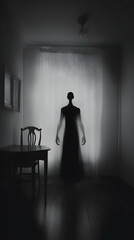 Shadowy Figure Lurks Behind Curtain in Dimly Lit Room with Table and Chair
