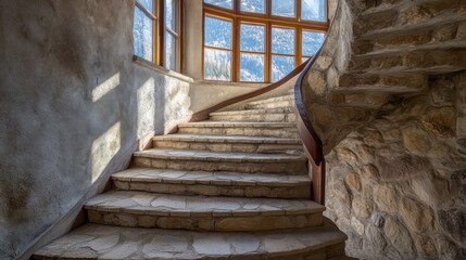 Sunlit stone spiral staircase in a historic building with large windows offering mountain view.