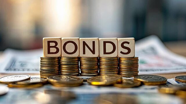 Bonds and Coins: A closeup shot of the word "BONDS" spelled out with wooden letter blocks, perched atop a stack of gold coins. The coins are scattered around, signifying financial security.
