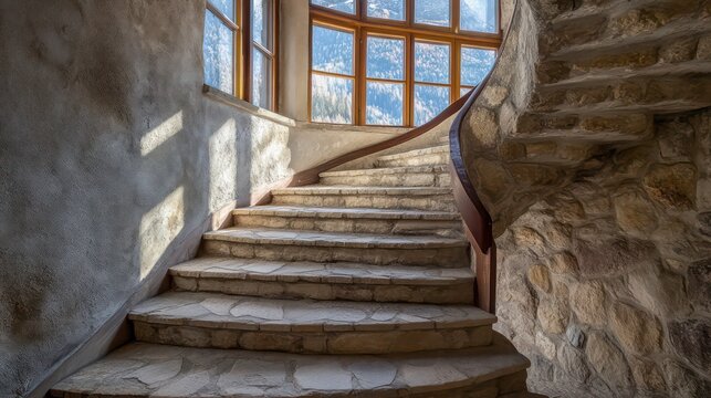 Sunlit stone spiral staircase in a historic building with large windows offering mountain view.