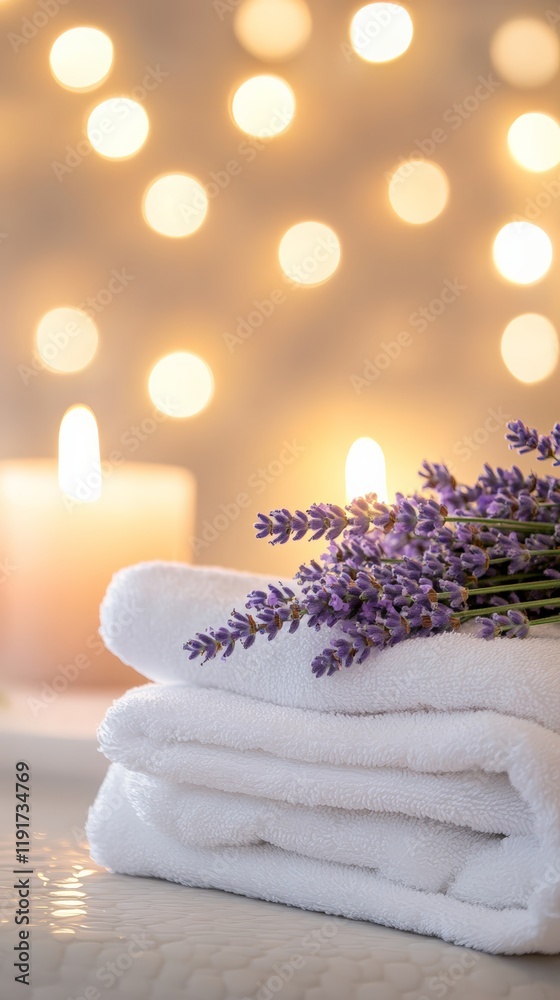 Poster Stacked white fluffy towels adorned with fresh lavender create a serene spa setting, illuminated by warm lights and flickering candles for a tranquil ambiance