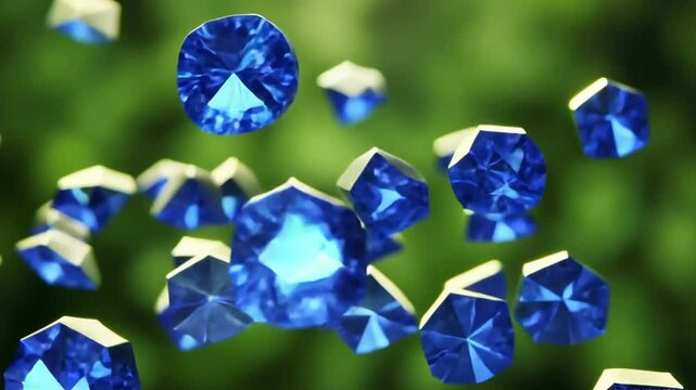 Blue Sapphire Falling on Green Background: A single, large, blue sapphire gemstone falls through the air, surrounded by smaller, scattered sapphires. This image evokes luxury, beauty