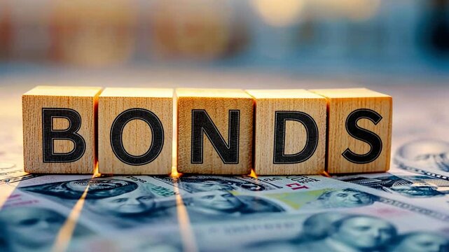 Bonds Investment: Wooden blocks spelling out "BONDS" rest on a bed of US dollar banknotes, symbolizing financial security and investment strategies.