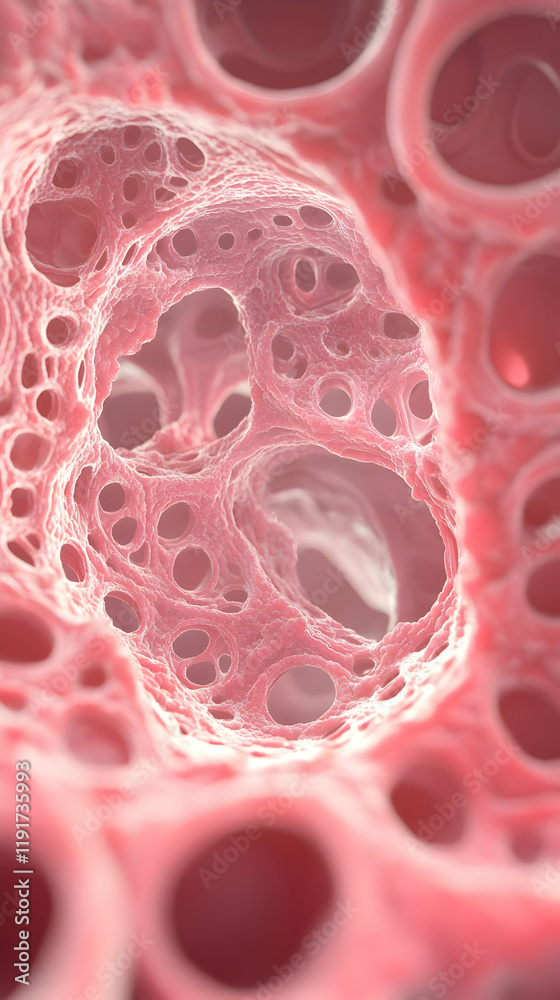 Fototapete microscopic view of porous organic tissue structure with interconnected cavities in 3d rendering