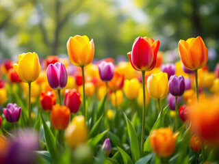 Obraz premium Colorful tulips blooming in a vibrant garden under soft sunlight.