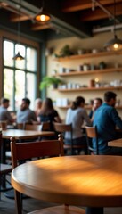 Busy cafe interior with people relaxing, socializing at wooden tables. Sunlight streams through window creating warm lighting. Relaxing, social atmosphere. Customers enjoying time. Ideal for daytime