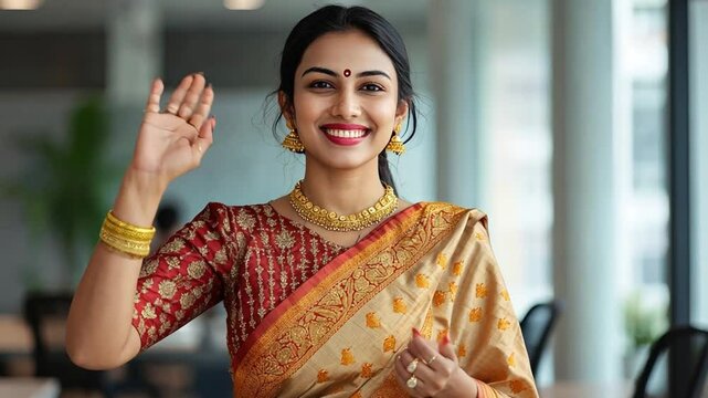 Warm Welcome: A smiling Indian woman in a traditional red and gold saree extends a welcoming hand, radiating warmth and hospitality, a perfect representation of cultural diversity and inclusion.