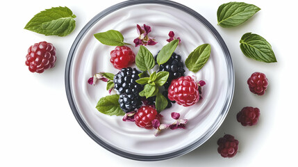 Yogurt with Blackberries, Raspberries, Mint Leaves, and Edible Flowers on White Background