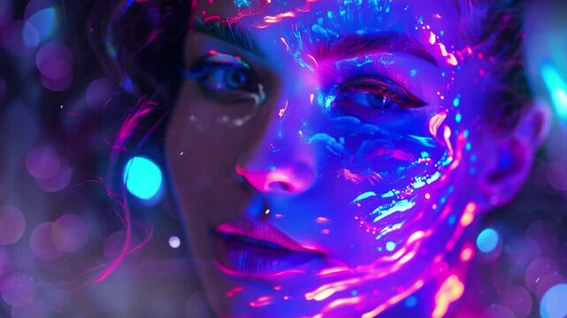 beautiful young woman dancing and making party on dark background with colorful lighting seamless looping overlay 4k virtual video animation background