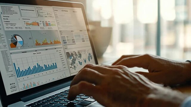 Data Analysis on Laptop: Close-up shot of hands typing on a laptop displaying various data analytics charts and graphs, suggesting  business intelligence and data-driven decision making.
