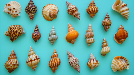 Variety of Seashells Arranged on a Vibrant Teal Background for Coastal Decor Inspiration.