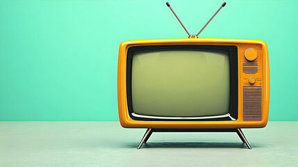 Yellow Retro TV Stands on Floor Against a Turquoise Wall in a Minimalist Setting