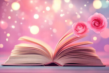 Open Book with Pink Roses on a Sparkling Pink Background Beautifully and Elegantly
