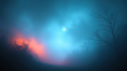 Fototapeta premium A mystical, foggy scene with eerie blue and pink light illuminating the silhouette of leafless trees under the moonlight