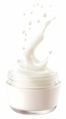 Creamy cosmetic product splashes from a jar on a white background, a perfect illustration for beauty products.
