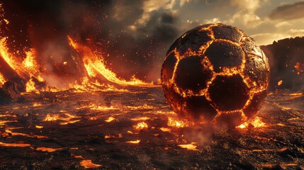 Fiery volcanic landscape with a cracked, burning soccer ball.