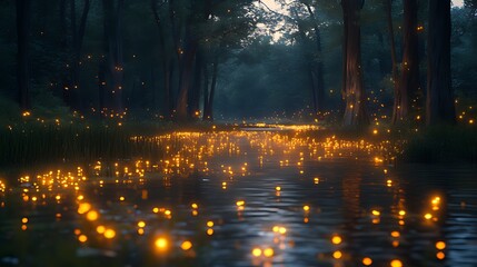 Firefly lights illuminate forest river at dusk, magical scene