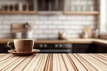Obraz premium Brown Coffee Cup Sits on Wooden Table in Blurry Kitchen Background for Cozy Morning Vibe