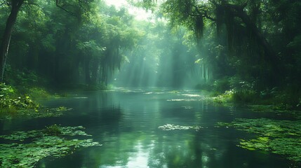 Obraz premium Misty jungle river, sun rays, tranquil scene, nature background, game asset