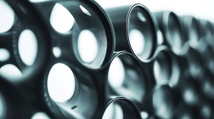 Abstract close-up of cylindrical metal parts, showcasing intricate details and textures.