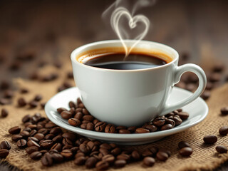 Coffee cup with heart-shaped steam on a saucer surrounded by coffee beans on a rustic table.