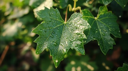Dew drops on green leaf in morning light