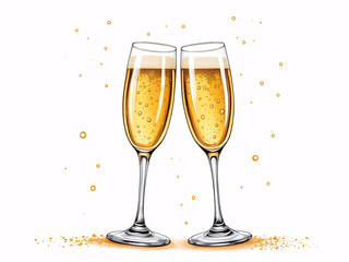 Two elegant champagne flutes filled with sparkling golden champagne against a white background.