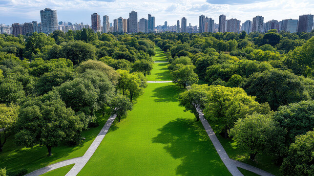 Aerial view of lush urban park surrounded by city skyscrapers, showcasing greenery and pathways