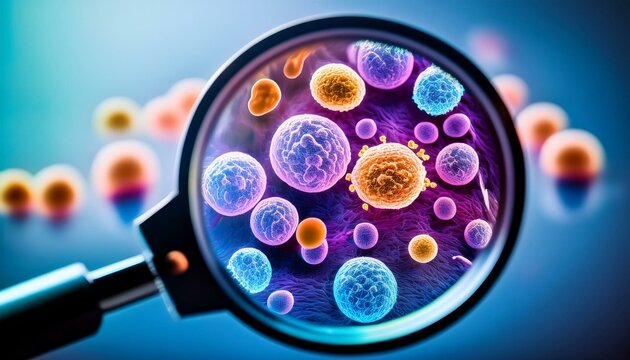 cancer precaution conceptual vibrant close up of healthy and unhealthy cells under lens