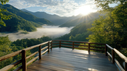 Fototapeta premium Breathtaking view of Great Smoky Mountains at sunrise with mist