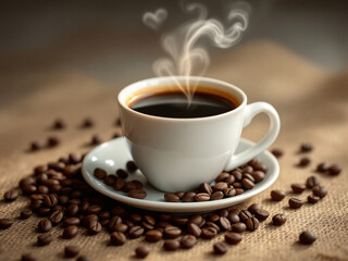 Fototapeta premium Coffee cup with heart-shaped steam on a saucer surrounded by coffee beans on a rustic table.