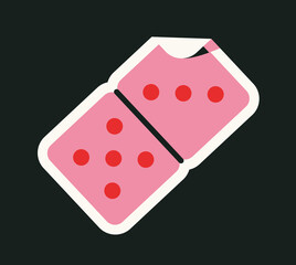 Pink domino piece with six red dots, stylized with bold outlines on a black background. Creative and playful design concept. Vector illustration