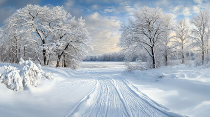 Obraz premium Enchanting winter landscape with snow covered trees and serene path