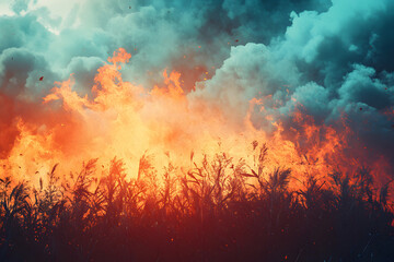 Fire, burning grass, forest, field, uncontrolled fire, open fire, fire destroys everything, dangerous fire