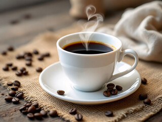 Obraz premium Coffee cup with heart-shaped steam on a saucer surrounded by coffee beans on a rustic table.