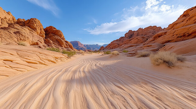 Majestic red rock formations in desert landscape with sandy trails