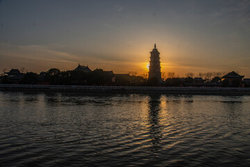 Naklejka premium Buddhism, temples, pagodas, faith, dusk, sunset, similar to a church, prayer, repentance, God, deity, blessing, bringing good luck, background