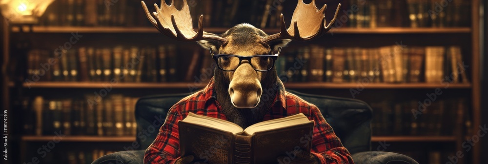 Aufkleber moose reading a book in vintage library setting while wearing glasses. generative ai