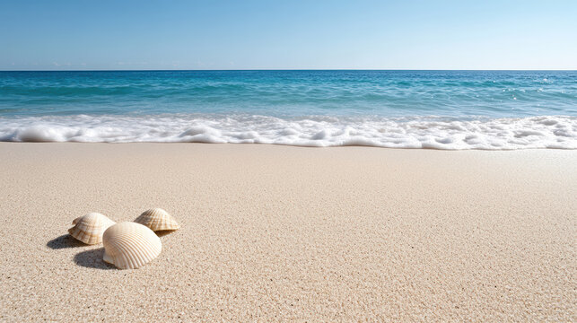 Serene beach with gentle waves and seashells scattered on sand