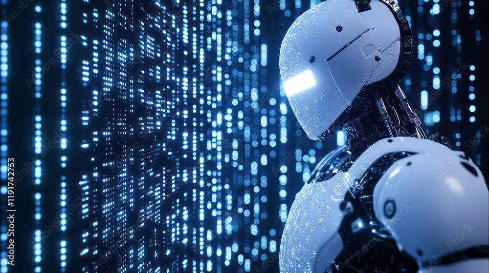 Aufkleber futuristic robot stands before a digital code wall, illuminated by blue light.