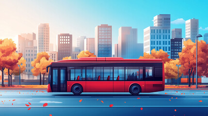 Illustration of a red bus on a city asphalt road or street, buildings in the background. public transportation vehicle in urban town traffic, tourist transit ride.