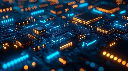 Obraz premium Glowing Circuit Board, Processors, Technology, Abstract, Background, Data, Network, Future, Innovation, Design