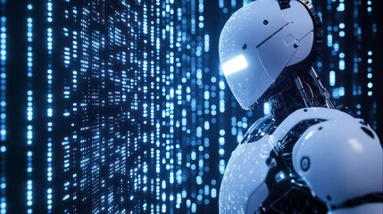 Futuristic robot stands before a digital code wall, illuminated by blue light.