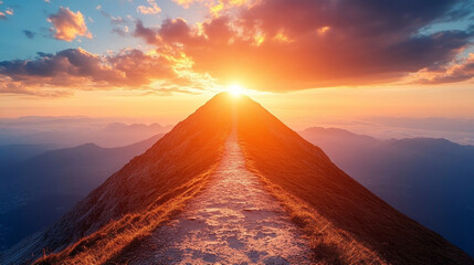 A glowing path leads towards a bright mountain peak symbolizing hope, determination, and success with soft, blurred lights in the background offering a sense of clarity and focus


