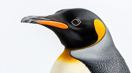 Closeup portrait of black, white, grey or gray and yellow king emperor penguin face head isolated on white background. antarctica wildlife bird animal.