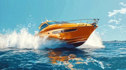 Fototapeta premium Illustration of orange yellow motorboat speedboat or luxury yacht ship on blue sea or ocean. marine travel and transportation, splashing water, summer holiday adventure trip, leisure boating, fast.